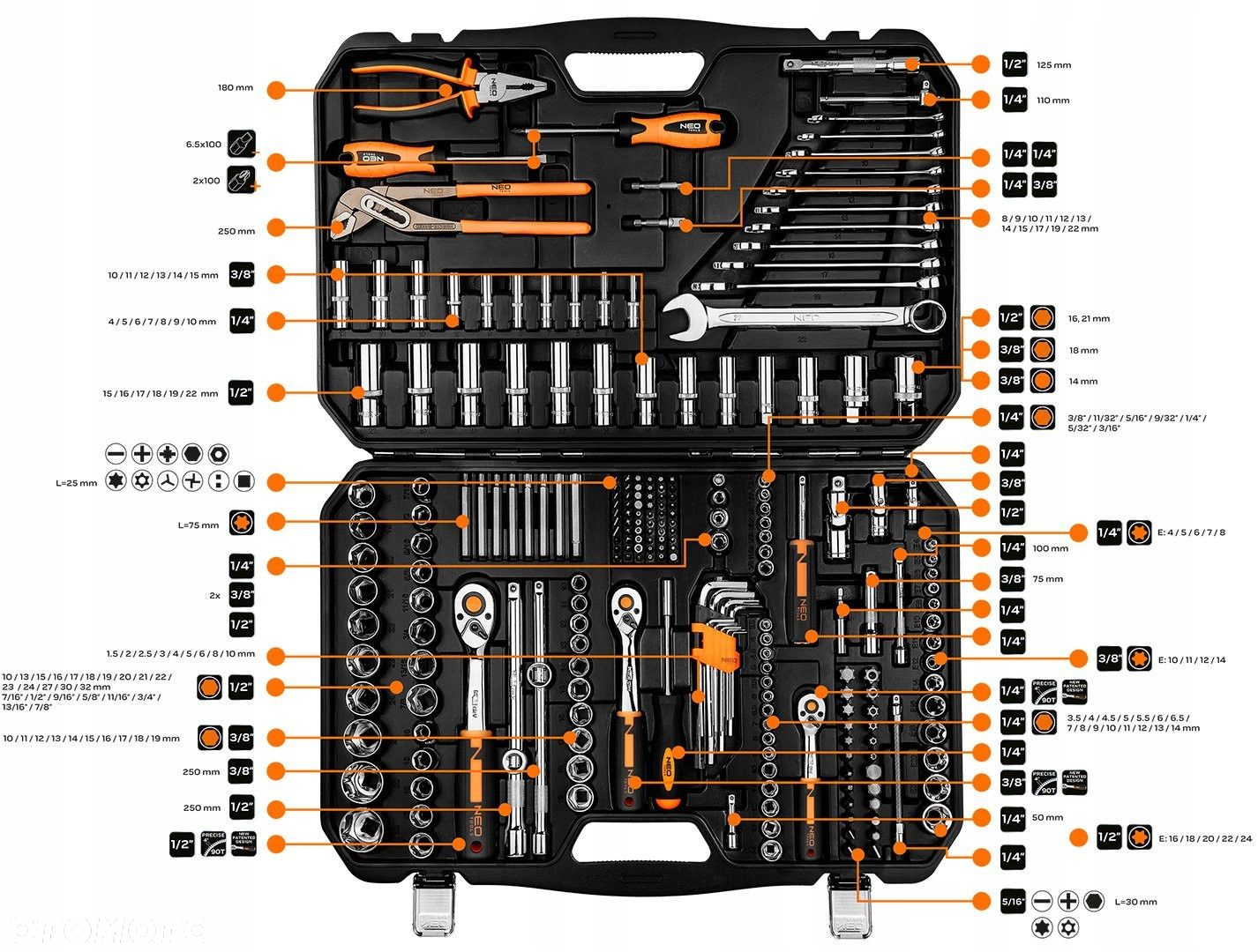 NEO 10-078 ZESTAW KLUCZE NASADOWE 1/2" 1/4" 3/8" TORX NASADKI WALIZKA 233el - 9