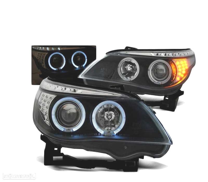 FARÓIS BMW E60 E61 03-07 LED ANGEL EYES BLACK PRETO - 1
