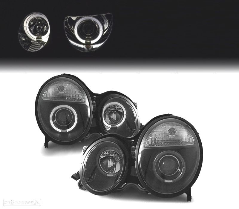 FARÓIS ANGEL EYES LUPA MERCEDES CLASE E W210 99-02 FUNDO PRETO - 1
