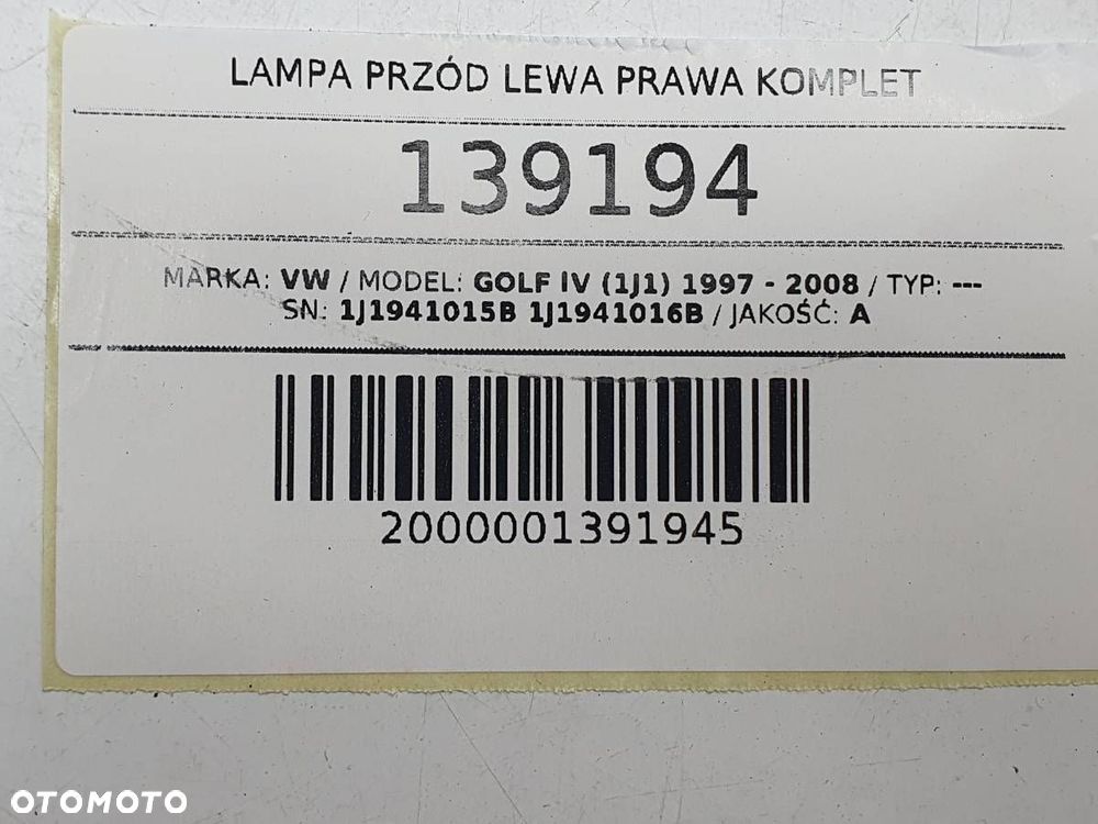 LAMPA PRZÓD LEWA PRAWA KOMPLET VW GOLF IV 1J1941015B 1J1941016B ORYGINAŁ - 11