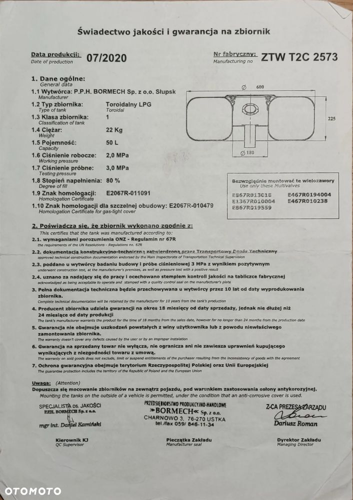BUTLA ZBIORNIK GAZU LPG 50L BORMECH ZTWT2C HOMOLOGACJA DOKUMENTY - 12