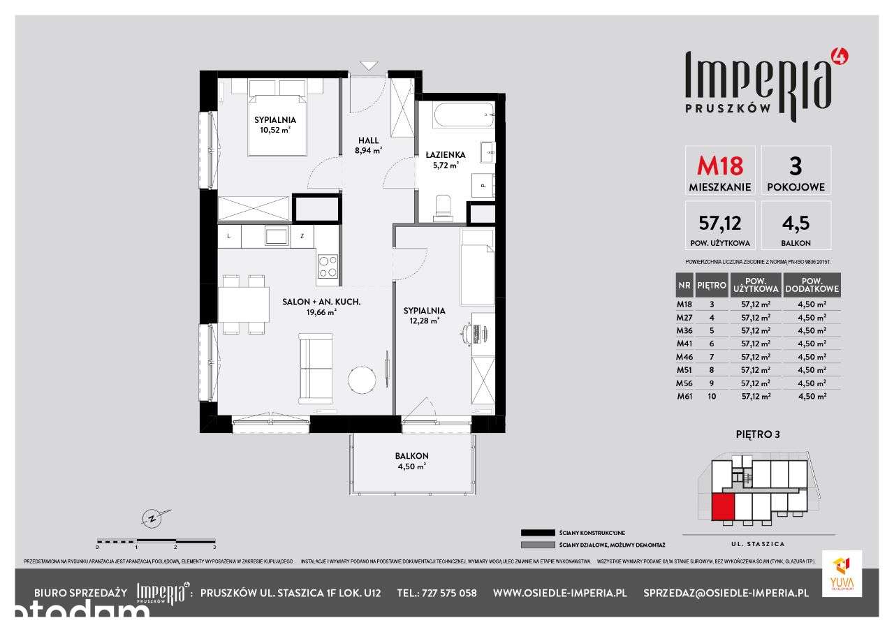 M51 mieszkanie 3 pokojowe z balkonem 57,12 m2