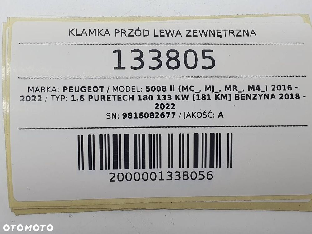 KLAMKA PRZÓD LEWA ZEWNĘTRZNA PEUGEOT 5008 II  KEYLESS 9816082677 - 7