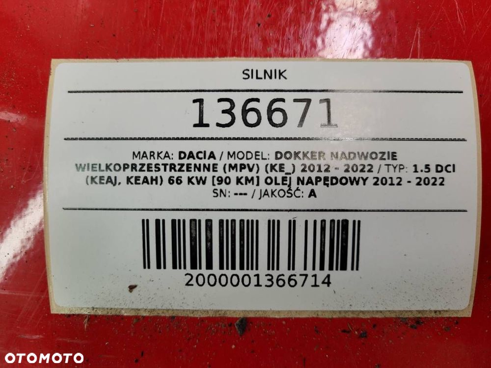 SILNIK DACIA DOKKER 1.5 DCI 90KM K9KC612 2016 EUROPA - 9