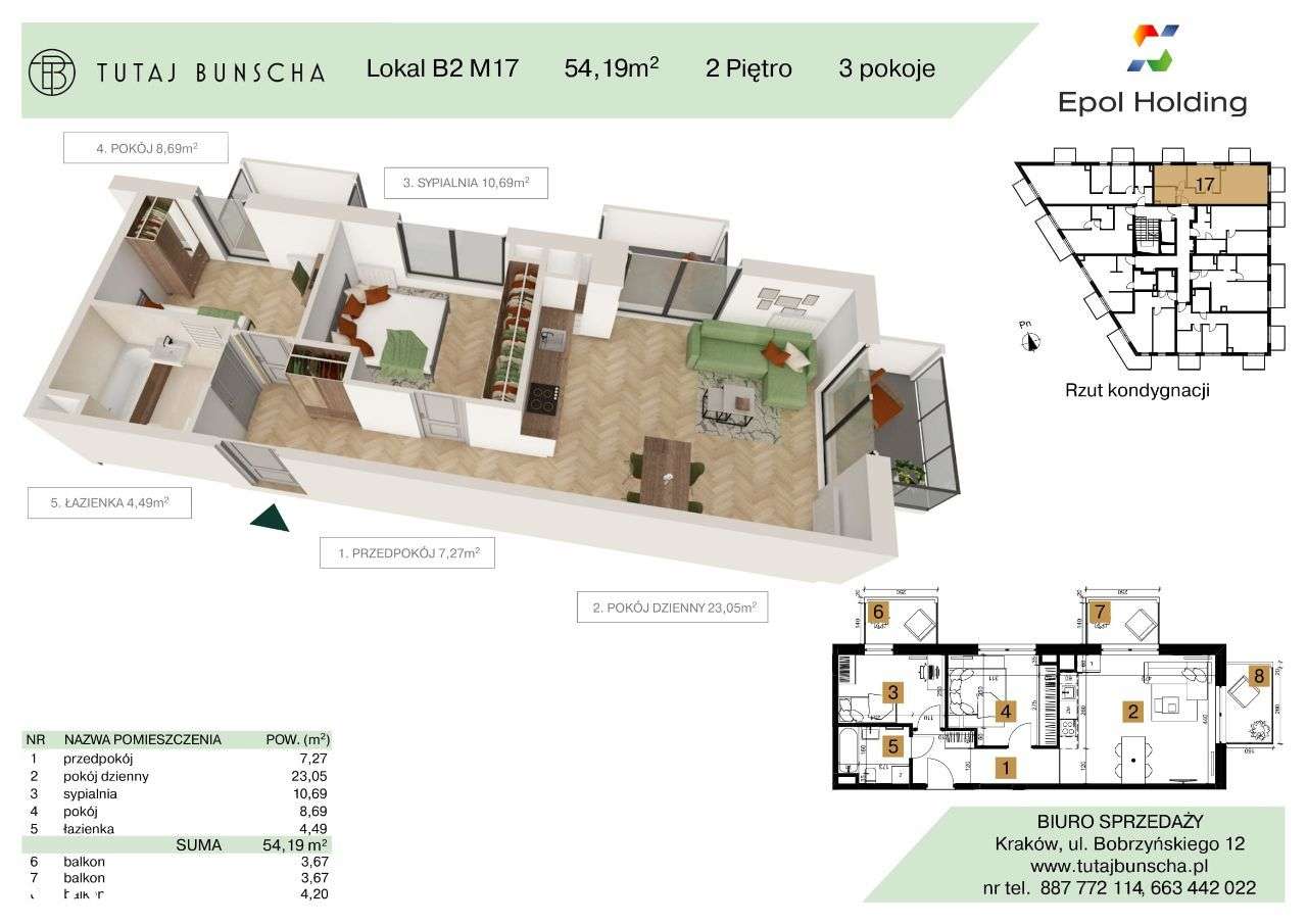 3-pokojowe mieszkanie 54 m2 +3 balkony 3 i 3 i 4 m2, Bezpośrednio