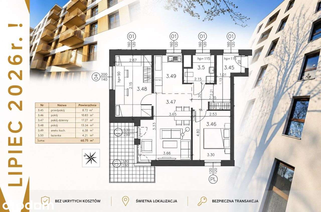 Lipiec'26! 3pok. 60,75m² 1p. Balkon 11,80m² 0%