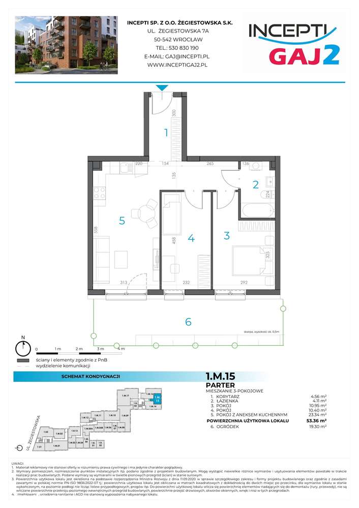 1.M.15 | 53,36 m² | 3 pokoje z ogródkiem | Krzyki- Gaj