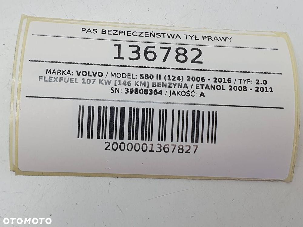 PAS BEZPIECZEŃSTWA TYŁ TYLNY PRAWY VOLVO S80 II 39808364 - 4