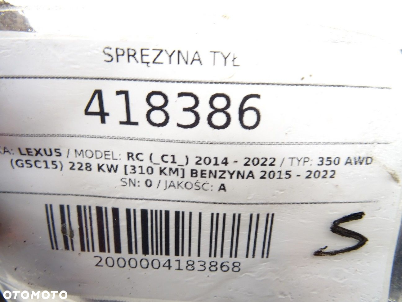 SPRĘŻYNA TYŁ - 260.00 PLN - LEXUS RC (_C1_) 2014 - 2022 350 AWD (GSC15) 228 kW [310 KM] benzyna - 4