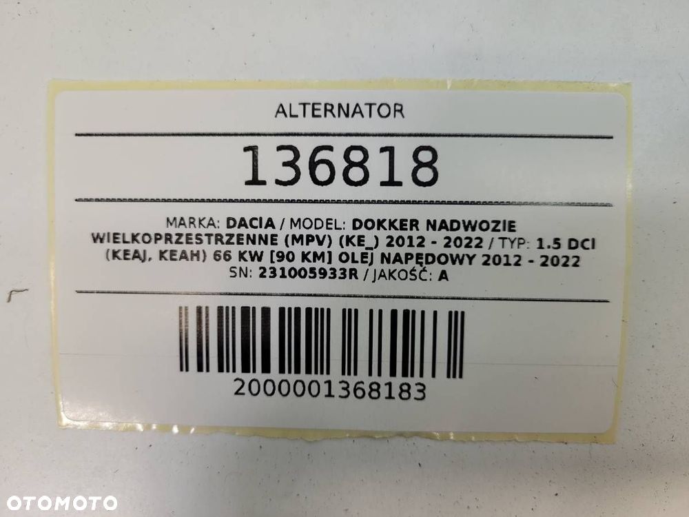 ALTERNATOR DACIA DOKKER 231005933R 1.5 DCI - 8