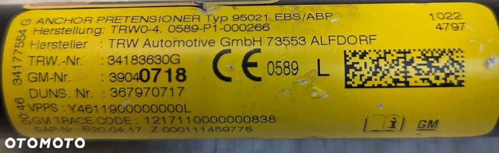 OPEL ASTRA K V NAPINACZ PASA LEWY 39040718 - 5