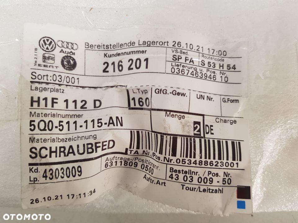 SPRĘŻYNY ZAWIESZENIA TYŁ TYLNE VW GOLF 7 T-ROC 5Q0511115AN NOWE ORYGINAŁ OEM - 7