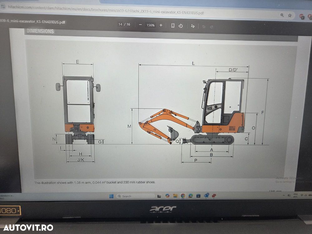 Hitachi 2 tone, Adancime sapare 2,5m, ZX19-6, CUPLA RAPIDA+3 CUPE  NOI, inst picon pe brate, lama nivelare, senile 90% ok EXTENSIBILE, camera spate, latime 1m, posibilitatea leasing 4 ani-PROMOTIE 21.900 EUR+Tva - 10