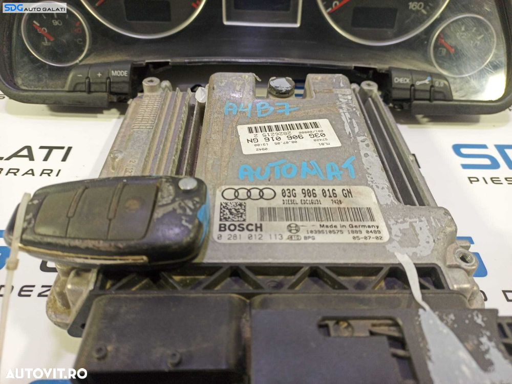 Kit Pornire ECU Calculator Motor Ceas Ceasuri Cluster Instrumental Bord Cip Cheie si Imobilizator Audi A4 B7 2.0 TDI BLB AUTOMAT 2004 - 2008 Cod 03G906016GN 0281012113 [L1778] - 2