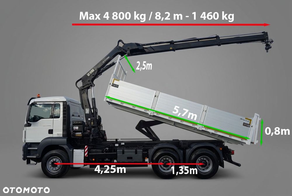 MAN TGS 33.360 / 6x4 / WYWROTKA - 5,7 M + HDS HIAB XS 122 HIDUO / MAX WYSÓW - 8,2 M / MAX UDŹWIG - 4 800 KG / KLAPO - DRZWI / MANUAL / PILOT / - 3