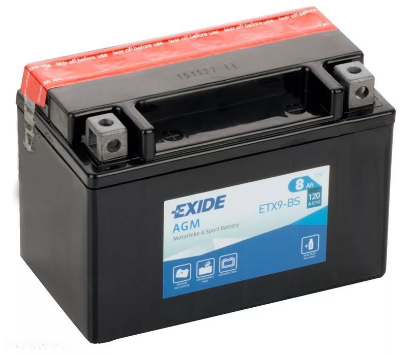 Akumulator motocyklowy EXIDE ETX9-BS YTX9-BS 12V 8Ah 120A EN L+ - 1