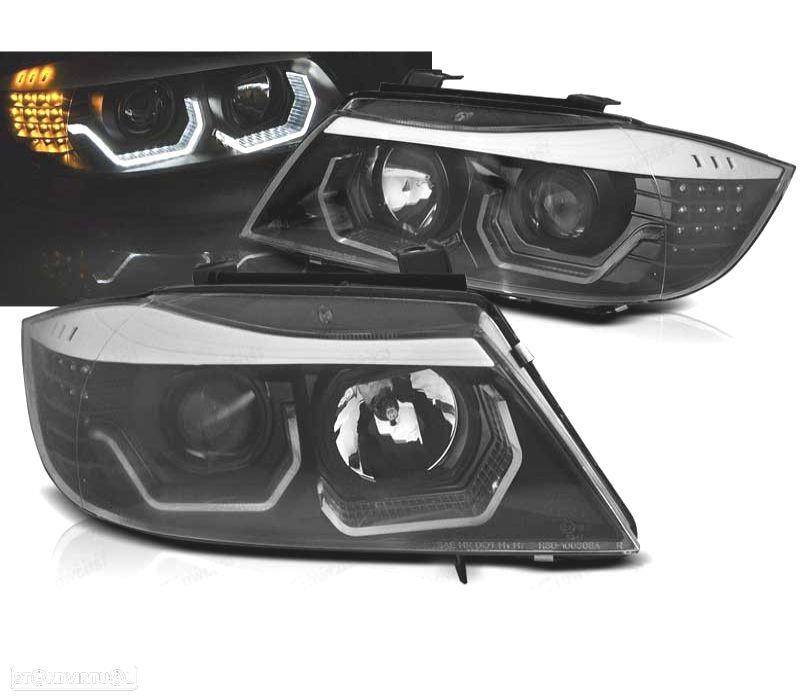 FARÓIS BMW E90 E91 05-08 OLHOS DE ANJO 3D FUNDO PRETO PISCA LED - 2