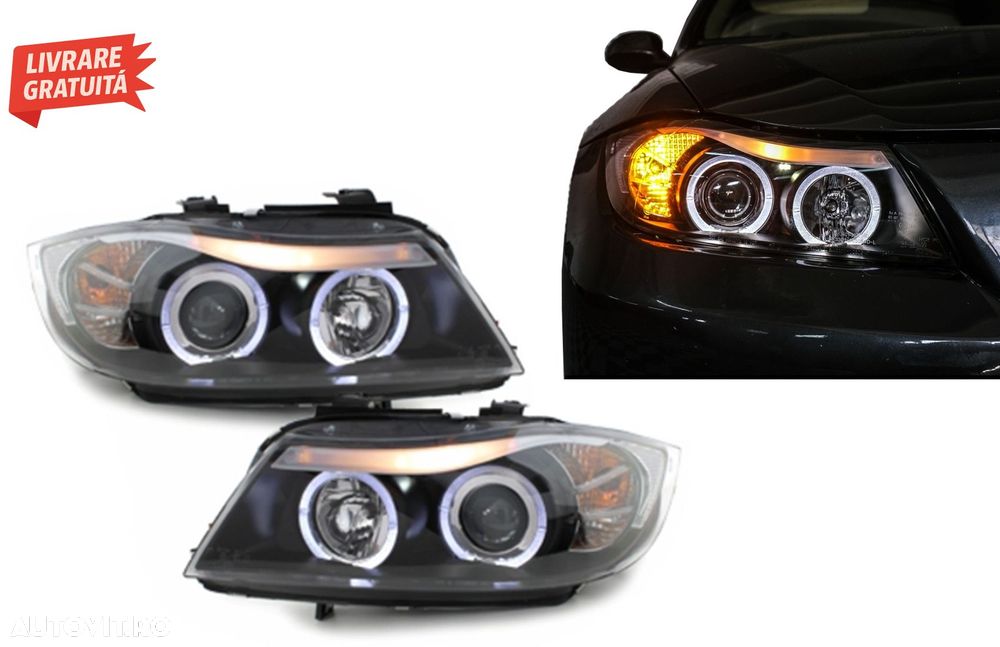 Faruri BMW Seria 3 E90 Sedan E91 Touring (03.2005-08.2008) Angel Eyes Negru- livrare gratuita - 17