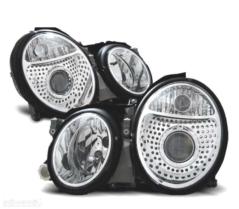 FARÓIS MERCEDES CLASSE CLK W208 98-02 LUPA FUNDO CROMADO - 1