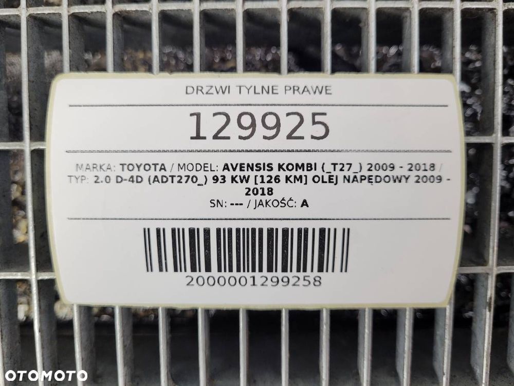 DRZWI TYŁ TYLNE PRAWE KOMPLETNE TOYOTA AVENSIS T27 KOMBI 8S6 - 19
