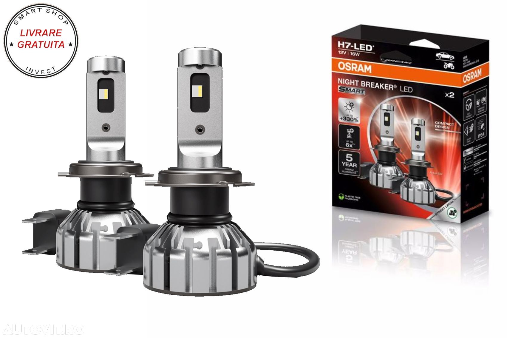 OSRAM NIGHT BREAKER H7 LED SMART 64210DWNBSM-2HB Set 2 Becuri Auto Moto Omologare - livrare gratuita - 1