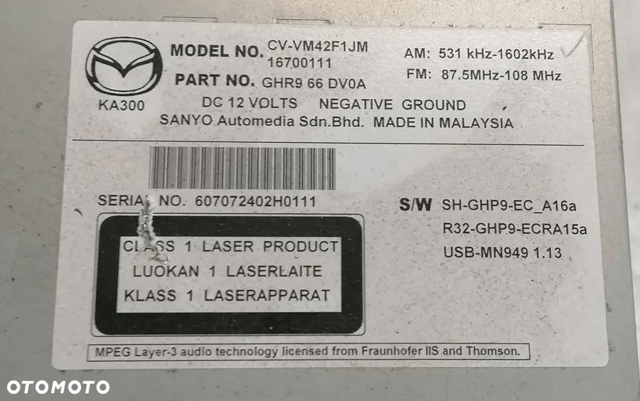 MAZDA 6 GJ 13r RADIO CD GHR966DV0A - 2