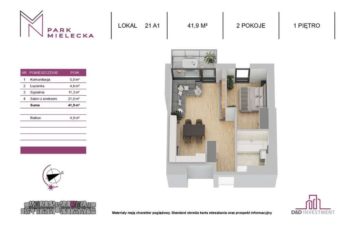 42m2+balkon Park Mielecka, 2 piętro