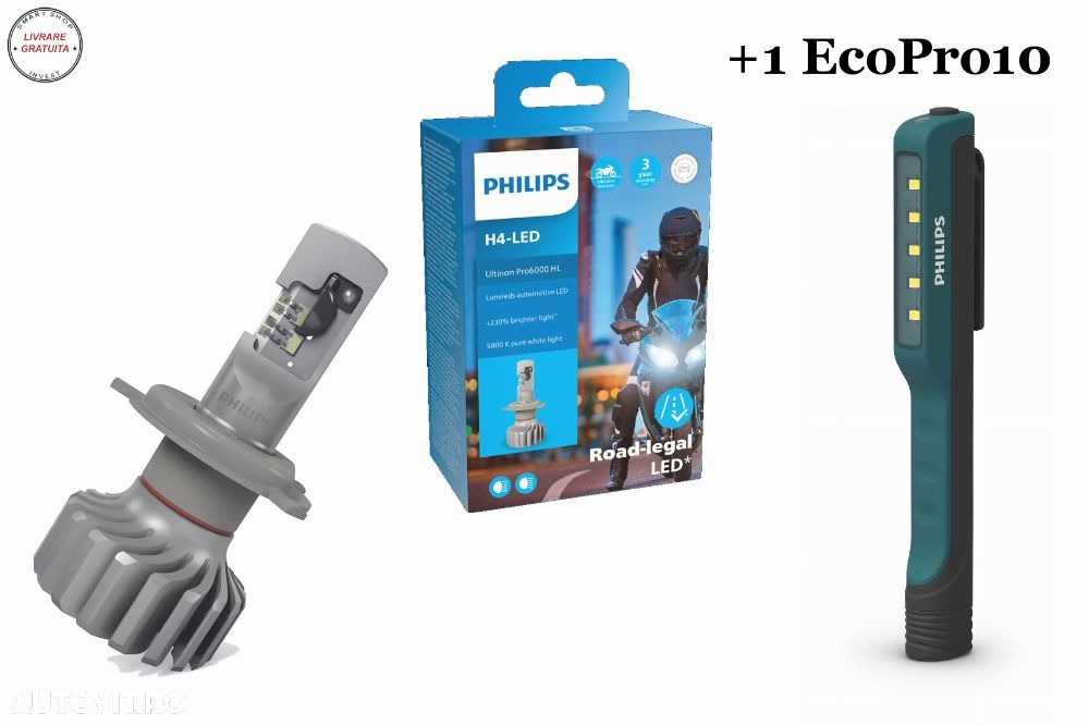 Philips Bec LED H4 12V 18W Ultinon Pro6000 5800K 1 piesa Moto + EcoPro10- livrare gratuita - 1