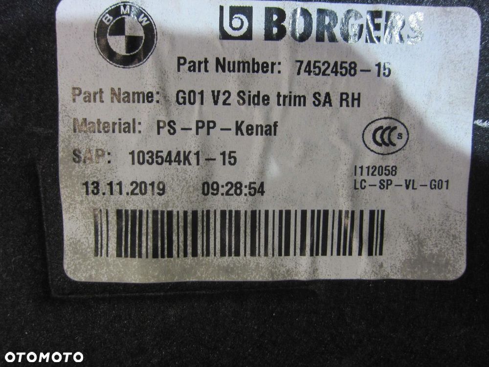 BMW X3 G01 OBUDOWA WNĘKI BAGAŻNIKA PRAWA BOCZEK 7452458 51477452458 - 5