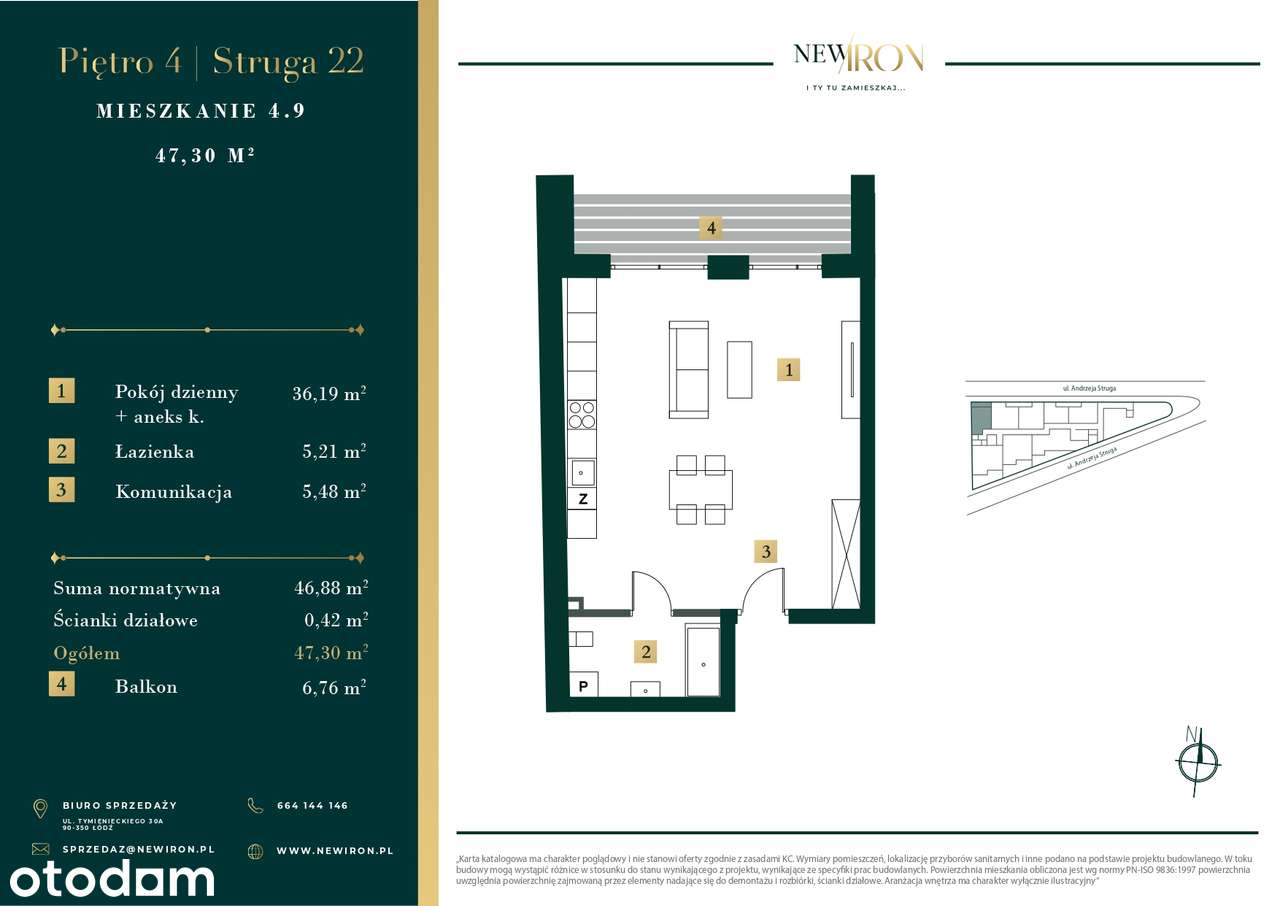 2- pokojowe mieszkanie 47m2 + balkon bezpośrednio