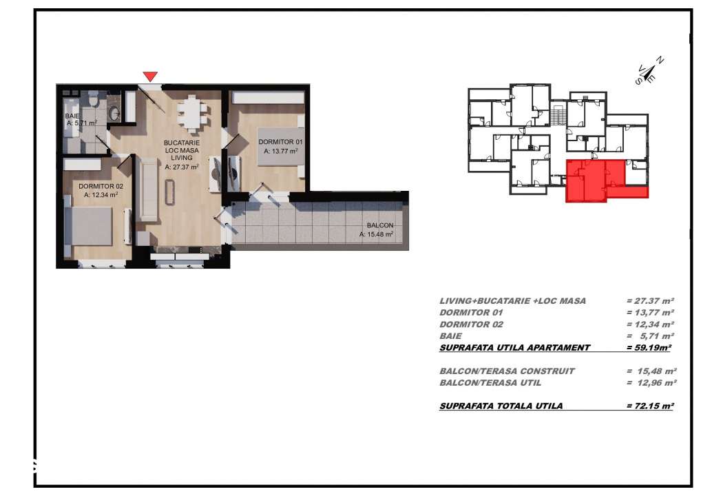 Apartament 3 camere, 60mp utili, terasa, zona Eroilor, Floresti — fotografia 1