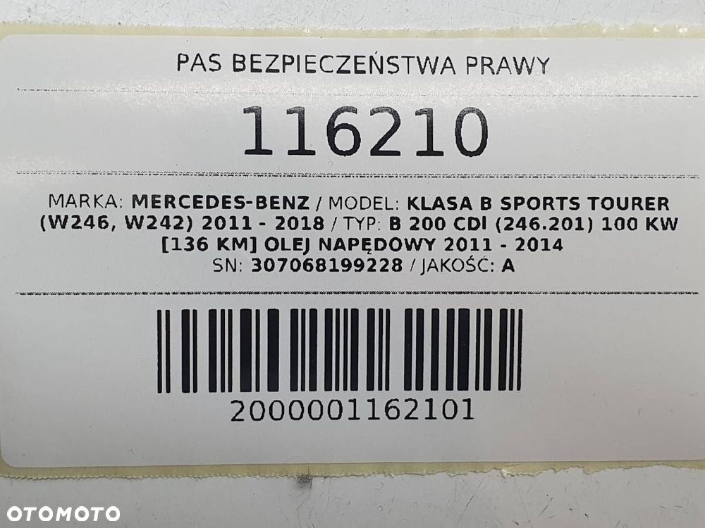 PAS BEZPIECZEŃSTWA PRAWY PRZÓD PRZEDNI MERCEDES B W246 W242 307068199228 - 7
