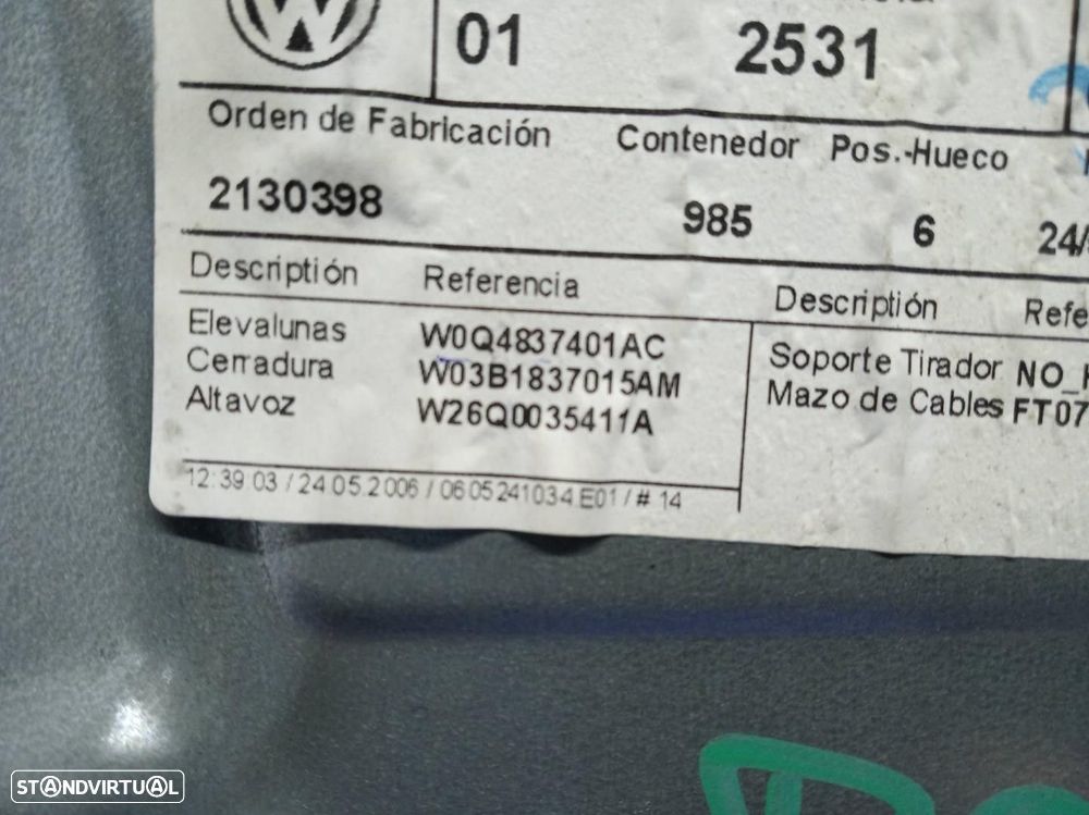ELEVADOR DE VIDRO FRONTAL ESQUERDO VOLKSWAGEN POLO 2006 -W0Q4837401AC - 1