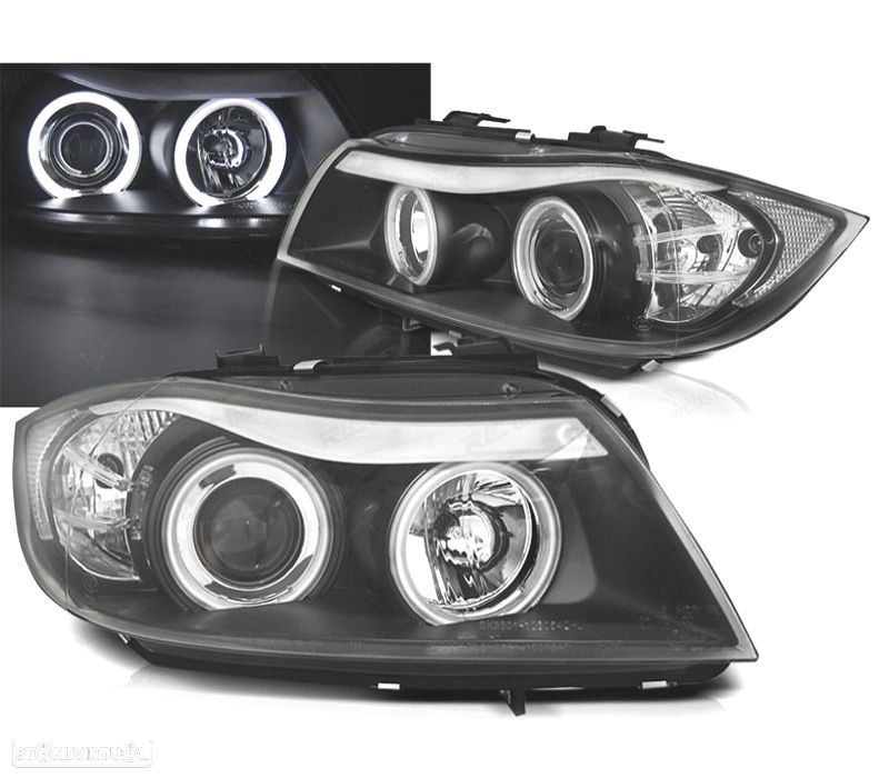 FARÓIS BMW E90 4P 05-08 ANGEL EYES CCFL FUNDO PRETO - 1
