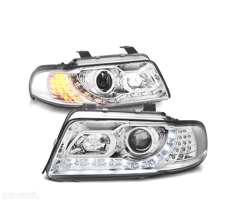 FARÓIS COM LUZ DIURNA LED AUDI A4 B5 99-00 FUNDO CROMADO - 1