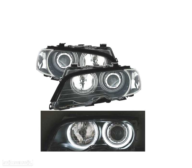 FARÓIS BMW E46 COUPE 99-03 ANGEL EYES CCFL LED + PISCAS FUNDO PRETO - 2