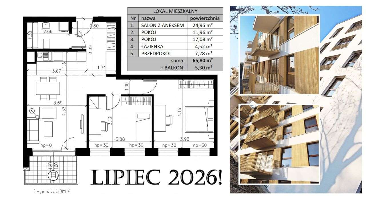 Lipiec'26! 3-/4pok. 65,80m² Balkon 5,30m² 0%