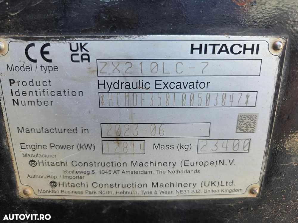 Hitachi ZX210LC-7, 2023, 3.088h, CUPLA RAPIDA, cupa NOUA 1,3mc, Masa operationala 23,4 tone, 3 camere, ad sapare 7m, 3 pompe hidr HITACHI, antifurt, ISUZU, ridica 13t, lant 90% ok, consum 12l/h, posibilitatea leasing 4 ani, CA NOU-PROMOTIE 109.900 Eur+Tva - 19