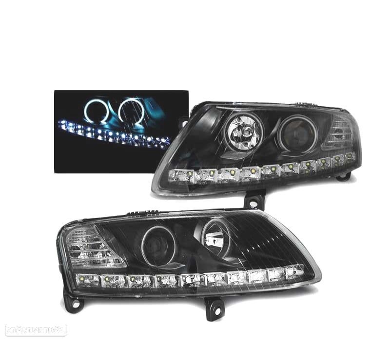 FARÓIS ANGEL EYES LED PARA AUDI A6 C6 04-08 PRETO - 2