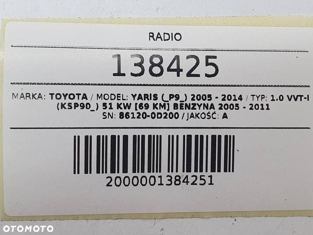 RADIO FABRYCZNE 86120-0D200 TOYOTA YARIS II 2006 EUROPA - 6