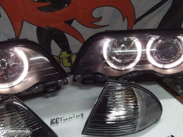 Farois angel eyes BMW E46 4 portas / limosine 98-01 fundo preto com angel eyes em branco - 13