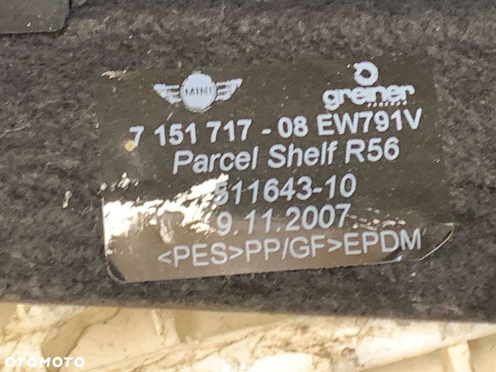 PÓŁKA TYŁ  MINI MINI (R56) 2005 - 2014 Cooper D 80 kW [109 KM] olej napędowy 2006 - 2010 7151717 - 4