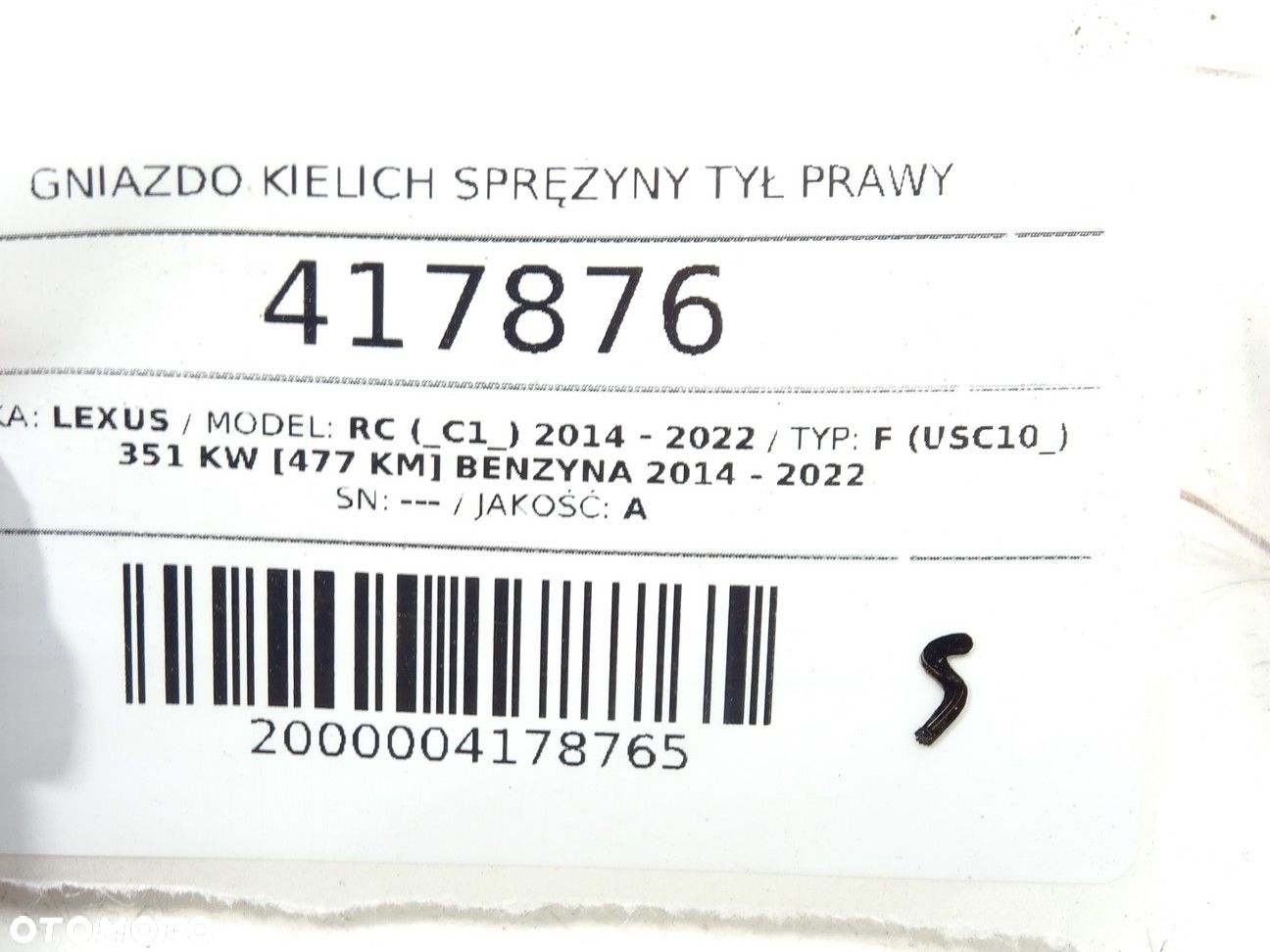 GNIAZDO KIELICH SPRĘŻYNY TYŁ PRAWY - 86.00 PLN - LEXUS RC (_C1_) 2014 - 2022 F (USC10_) 351 kW - 4