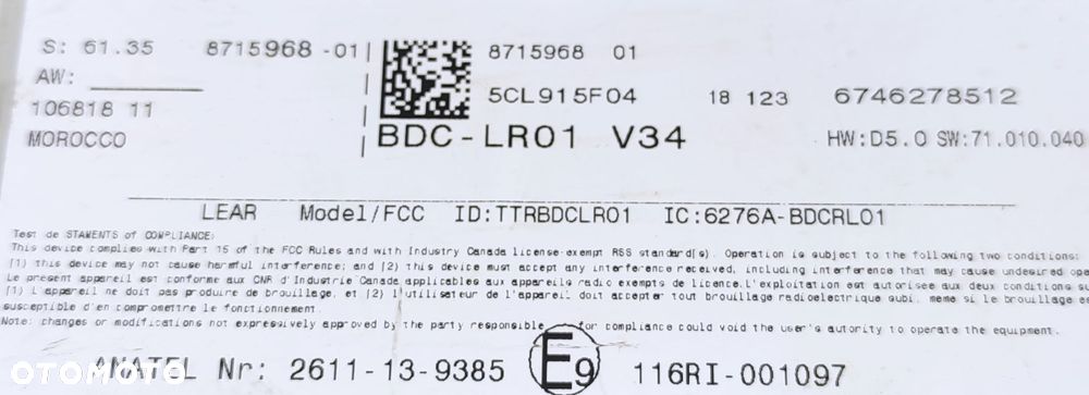 STEROWNIK MODUŁ BDC BMW X1 F48 X2 F39 8715968 - 2