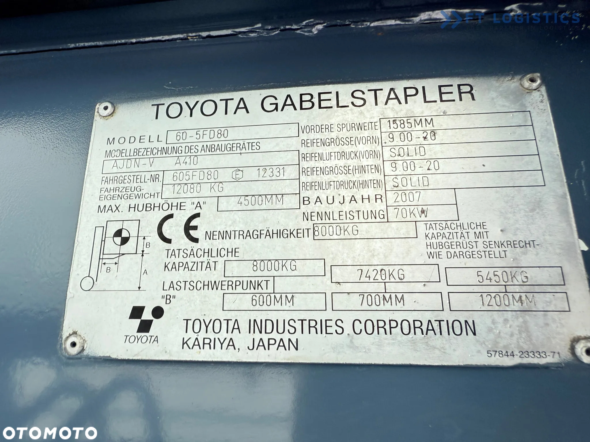 Toyota 60-5FD80 / DIESEL / DUPLEX - 4500MM / NOWE OPONY / KABINA OGRZEWANA / 8 TON / UDT / STAN IDEALNY - 22