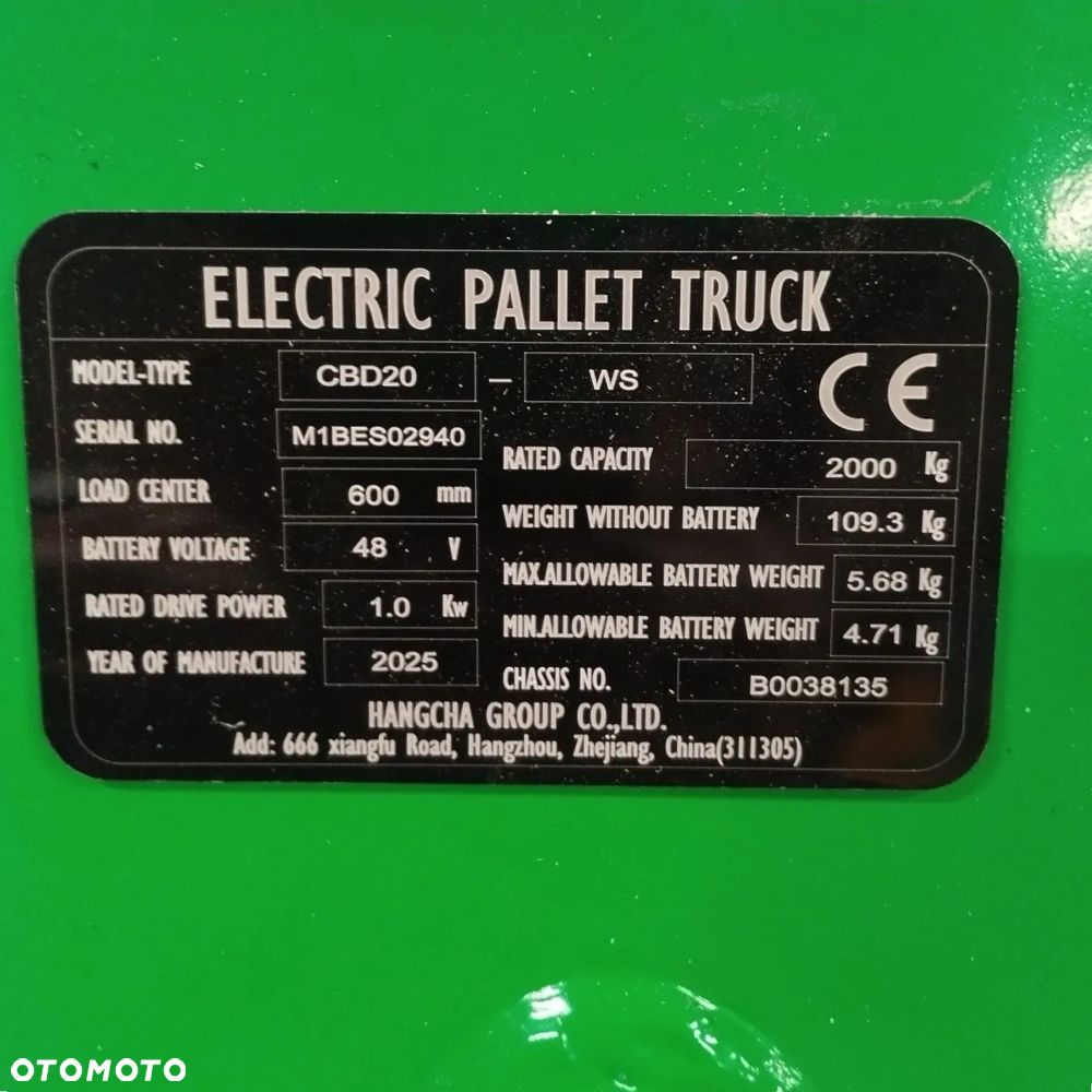 Paleciak elektryczny model CBD20 HANGCHA -  2tony udźwigu Nowy - 6