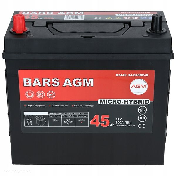 Akumulator Bars HYBRID AGM 45AhL 500A B24JX HJ-S46B24R Start-Stop - 13,6kg - 2