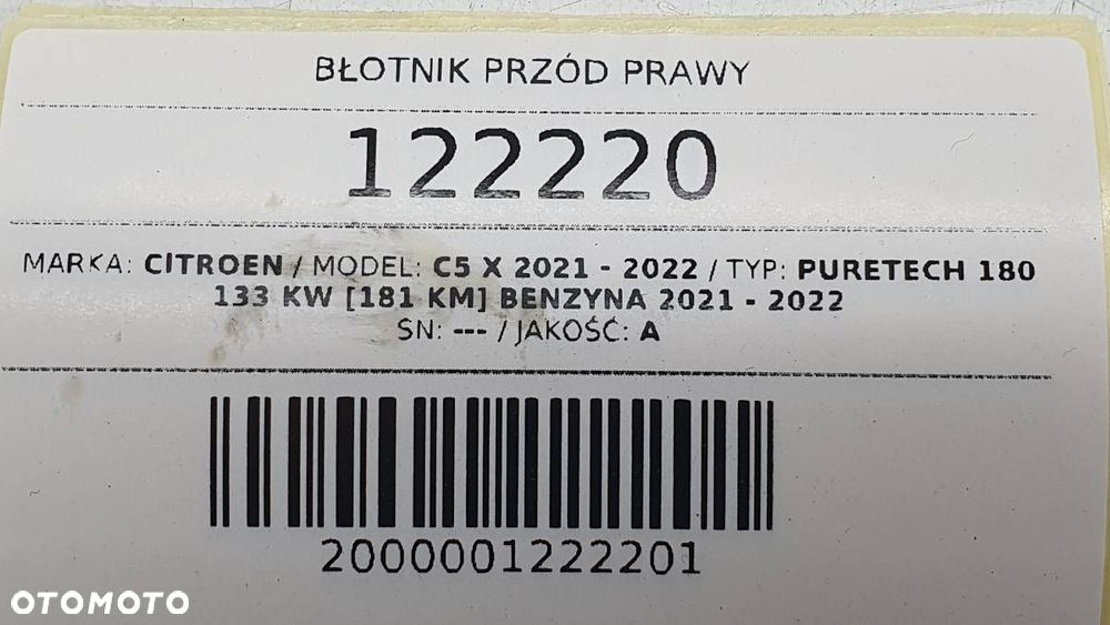 BŁOTNIK PRZÓD PRZEDNI PRAWY CITROEN C5 X BIAŁY - 9