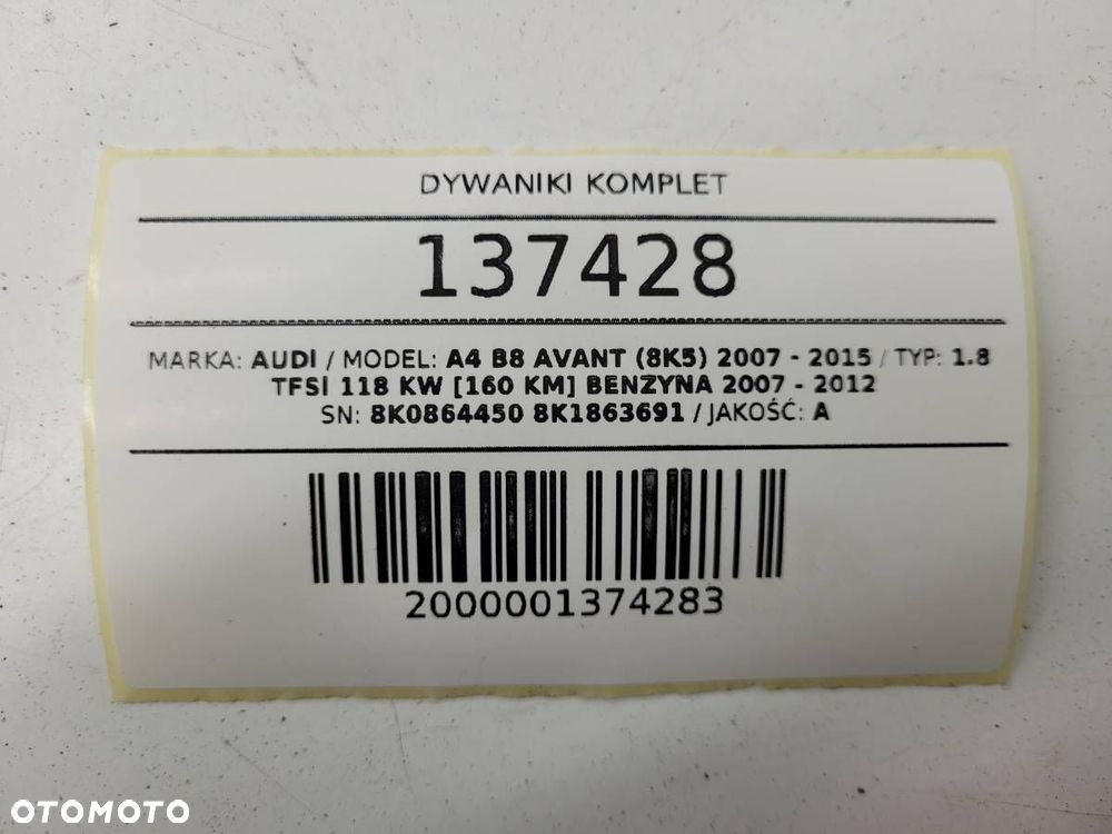 DYWANIKI KOMPLET AUDI A4 B8 2008 KOMBI - 9