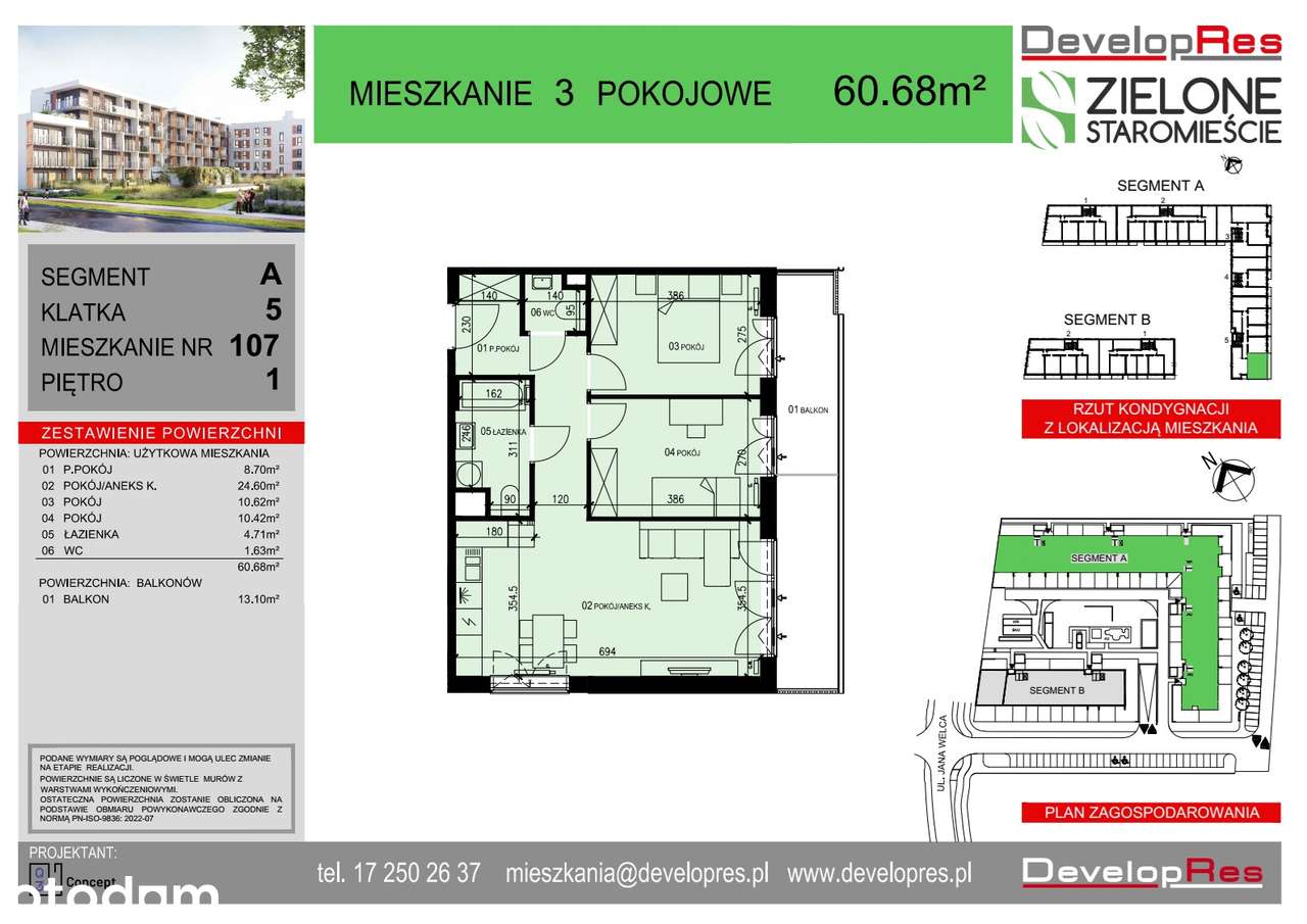 Duży Balkon - 3 pokoje| 60,68 m² | Zielone Staromieście A-107|